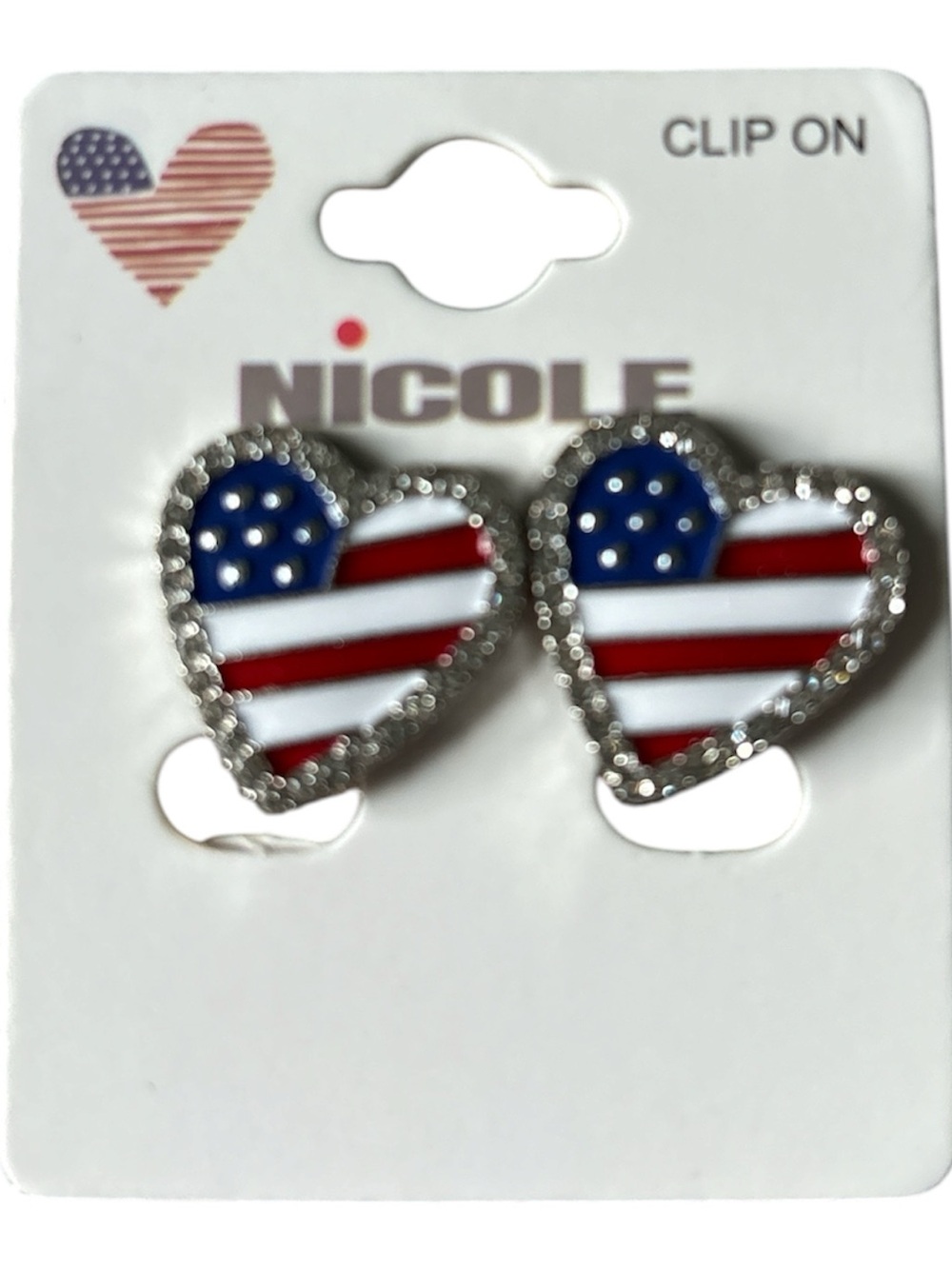 Nicole Clip-On Heart Flag Earrings - Red, White & Blue Silver Tone